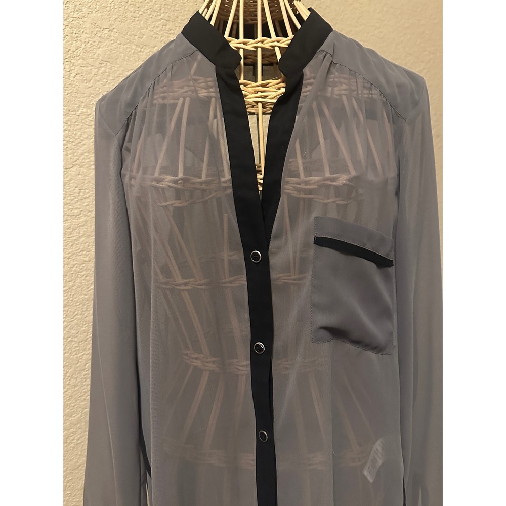 KUT from the Kloth Grey Sheer Draped Back Blouse Black Trim Medium flowy - Picture 7 of 16